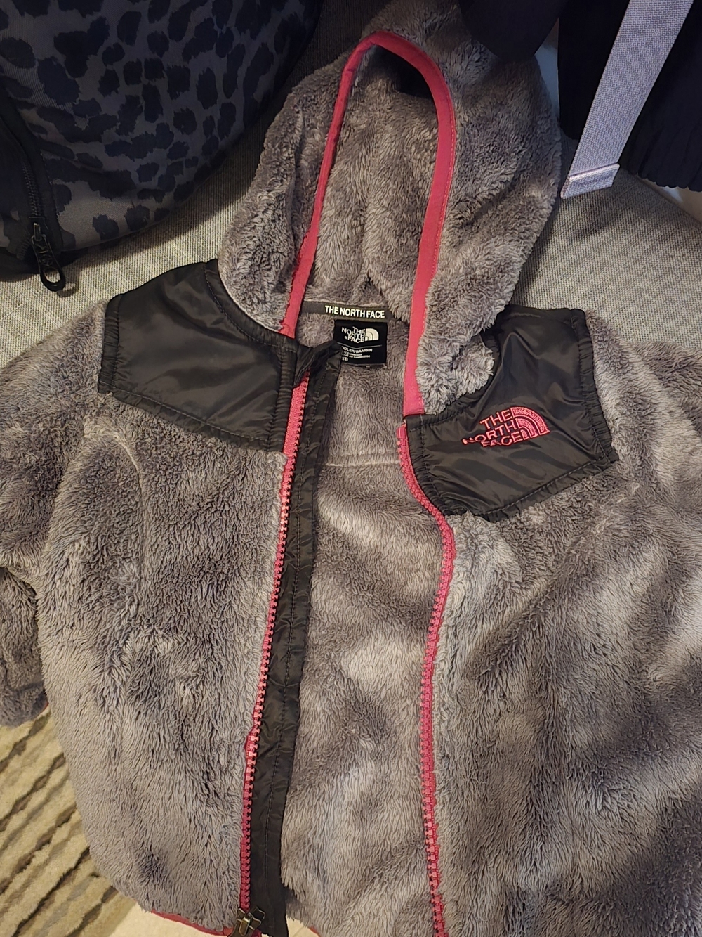 The North Face Kids Gray Fuzzy Hooded Puffer with Pink Trim